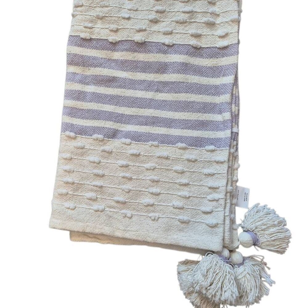 Magaschoni Boho Tufted Striped Throw Blanket 50x60 Lavender Cream Tassels NEW